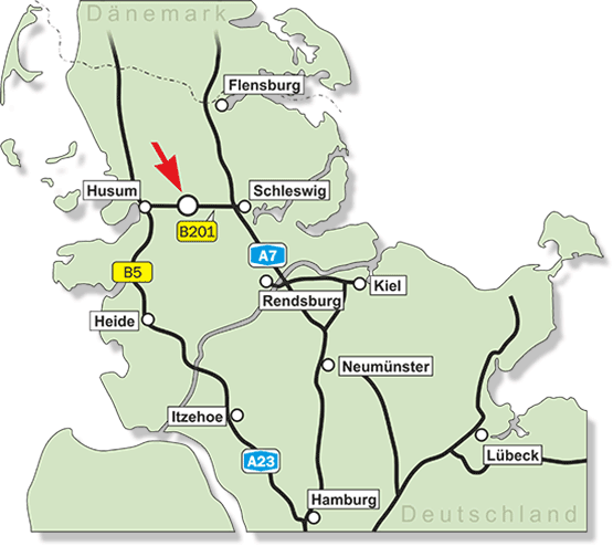 Schleswig-Holstein-Karte: Treia liegt direkt an der B201.