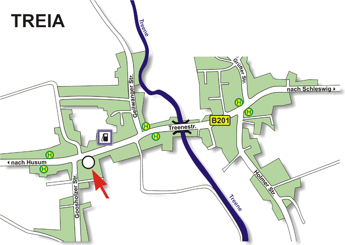 Ortsplan von Treia. Unser Autohaus liegt direkt an der B201.